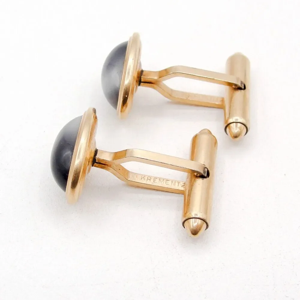 Vintage Krementz Gold Overlay Hematite Cufflinks Oval Cabochon Grey Stone MCM